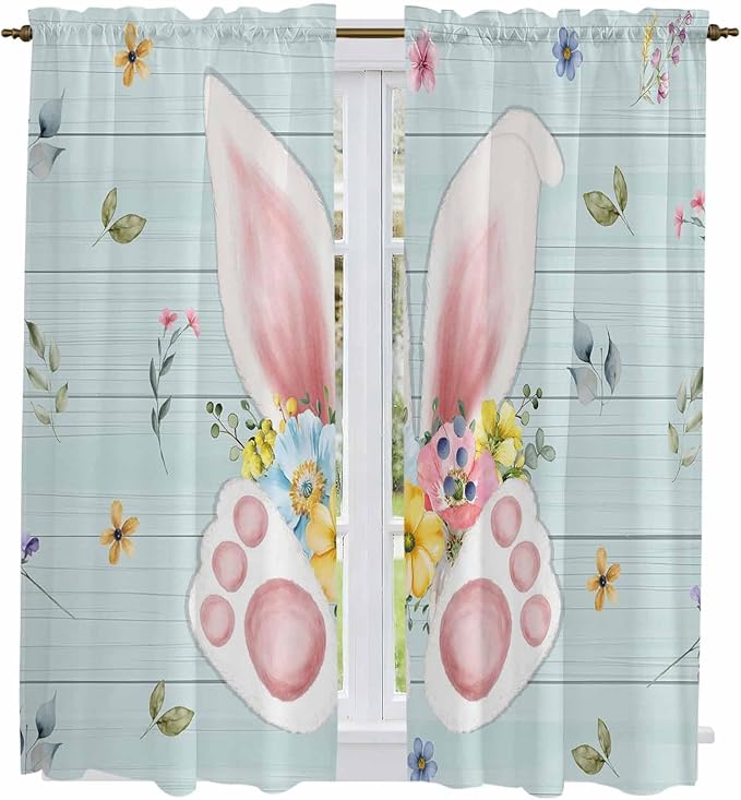 Easter Window Curtains 63 Inch Long 2 Panel Set, Rod Pocket Bedroom Curtains & Drapes, Spring Rabbits Ears Feet Flowers Wooden Grain Light Filtering Window Treatment for Living Room 42"W x 63"L