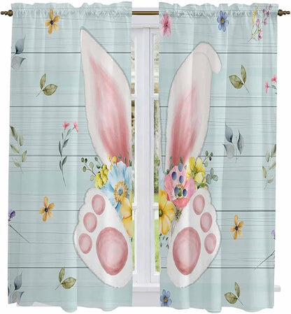 Easter Window Curtains 63 Inch Long 2 Panel Set, Rod Pocket Bedroom Curtains & Drapes, Spring Rabbits Ears Feet Flowers Wooden Grain Light Filtering Window Treatment for Living Room 42"W x 63"L