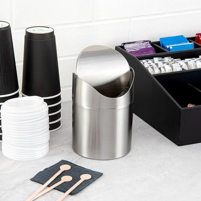 Restaurantware RW Clean 0.4 Gallon Countertop Garbage Can 1 Compact Mini Trash Bin - Swing Top Lid Avoids Rust & Stains Stainless Steel 201 Tabletop Garbage Can For Kitchens & More
