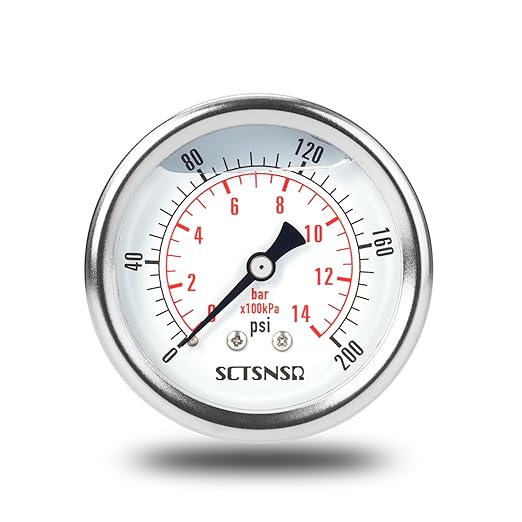 2-1/2" Dial Size, 0-200 Psi Pressure Gauge, Glycerin Liquid Filled, 1/4" NPT Back Mount, Stainless Steel Case, for Air Compressor, Shock, Water System, Well Pump, Tank, Pipe, Pressure Test