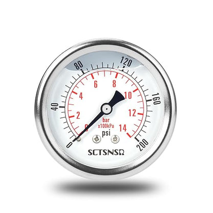 2-1/2" Dial Size, 0-200 Psi Pressure Gauge, Glycerin Liquid Filled, 1/4" NPT Back Mount, Stainless Steel Case, for Air Compressor, Shock, Water System, Well Pump, Tank, Pipe, Pressure Test