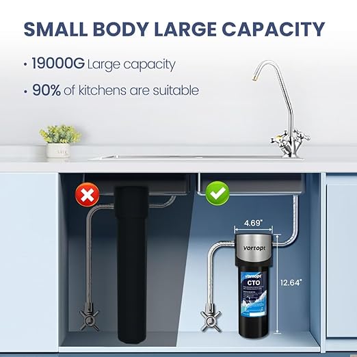 Vortopt Q7 Under Sink Water Filter System,Reduces Chlorine,Lead,Bad Taste & Odor,Under Counter Water Filter Direct Connect to Kitchen Faucets,NSF/ANSI 372/42 Certified,2 Year.