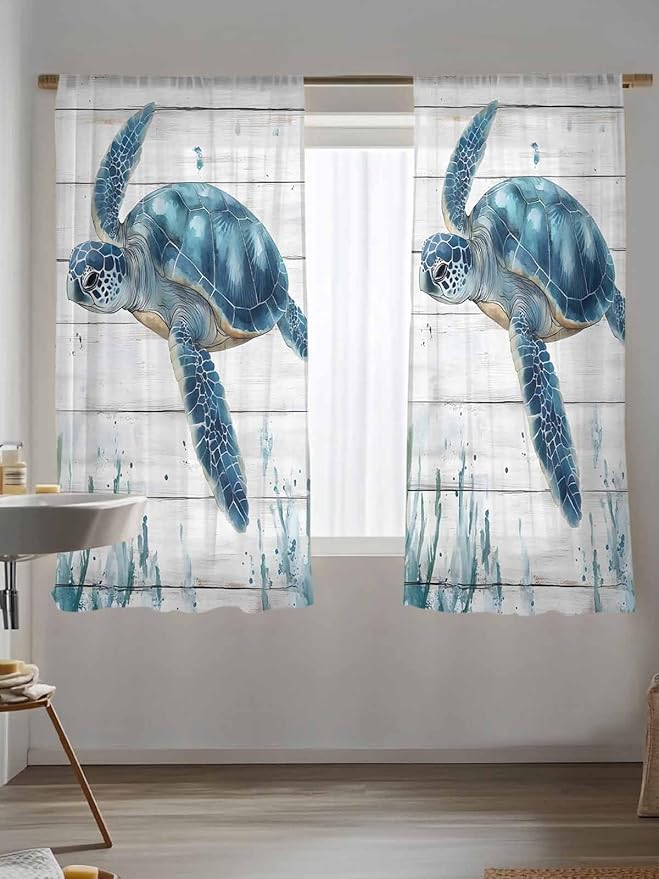 Sheer Curtains 72 Inches Long, Teal Green Ocean Turtle Semi Sheer Curtains Light Filtering Window Treatment, Coastal Seaweed Wood Grain Privacy Voile Drapes for Living Room Bedroom 52x72 Inch