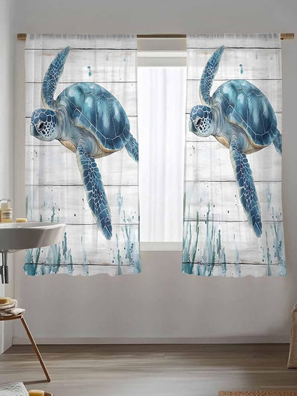 Sheer Curtains 63 Inch Length, Teal Green Ocean Turtle Semi Sheer Curtains Light Filtering Window Treatment, Coastal Seaweed Wood Grain Privacy Voile Drapes for Living Room Bedroom 52x63 Inch