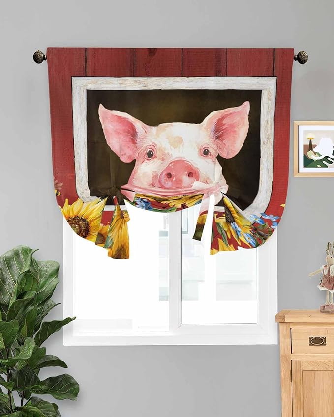 Tie Up Curtains for Windows, Pigs Sunflowers Adjustable Balloon Nature Linen Textured Kitchen Curtain, Farmhouse Red Barn Flowers Animals Blackout Curtains for Living Room, 46 x 63 Inches