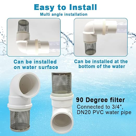 DN20 inch stainless steel filter cover connected to 90 degree elbow 3/4" PVC DN20 water pipe, suction hose strainer used to remove debris and reduce solid entry(1pcs)
