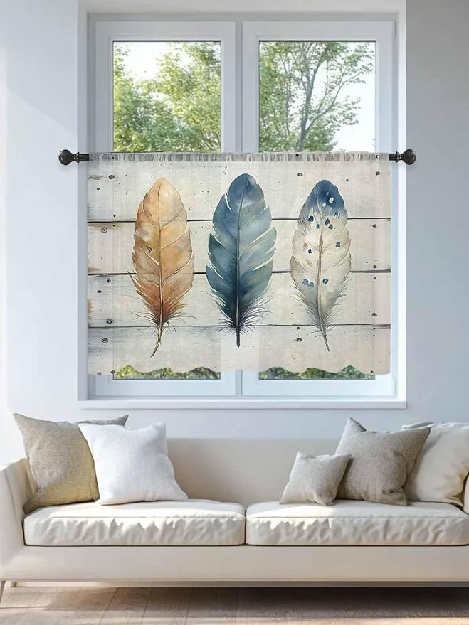 Sheer Curtains 45 Inch Length, Boho Blue Feathers Semi Sheer Curtains Light Filtering Window Treatment, Country Vintage Wooden Grain Privacy Voile Drapes for Living Room Bedroom 52x45 Inch
