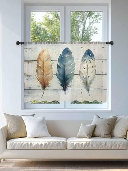 Sheer Curtains 54 Inch Length, Boho Blue Feathers Semi Sheer Curtains Light Filtering Window Treatment, Country Vintage Wooden Grain Privacy Voile Drapes for Living Room Bedroom 52x54 Inch