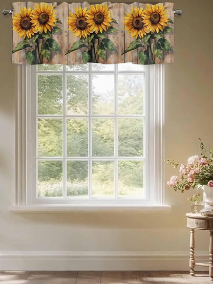 Kitchen Valances for Window, Watercolor Sunflower Retro Board Light Filtering Rod Pocket Valance Curtain, Farm Brown Wood Grain Short Curtains Window Topper for Bedroom Bathroom Living Room 42x12in