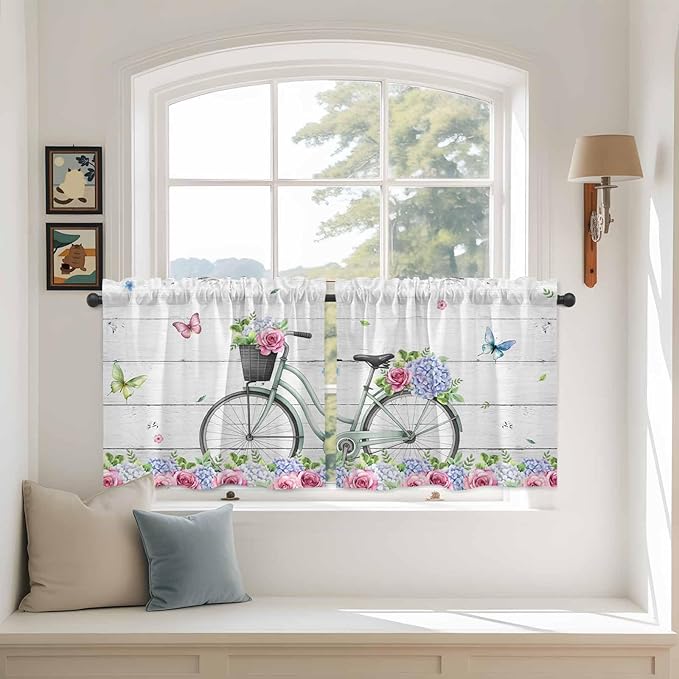 Spring Tier Curtains, Bicycles Botanical Rose Leaves Butterfly Wood Grain Light Filtering Kitchen Curtains, 2Pcs Rod Pocket Half Window Treatments Panels for Sink Cafe Cabinet Camper 27.5x24 Inches