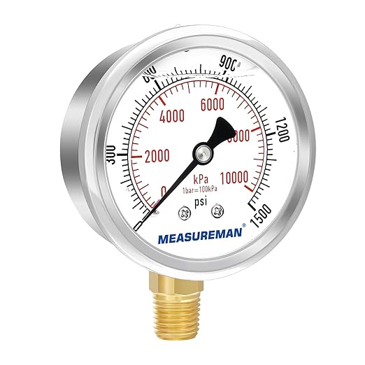 MEASUREMAN 2-1/2" Dial Size, Glycerin Filled Pressure Gauge, 0-1500psi/kpa, 304 Stainless Steel Case, 1/4" NPT Lower Mount