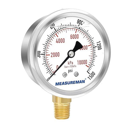 MEASUREMAN 2-1/2" Dial Size, Glycerin Filled Pressure Gauge, 0-1500psi/kpa, 304 Stainless Steel Case, 1/4" NPT Lower Mount