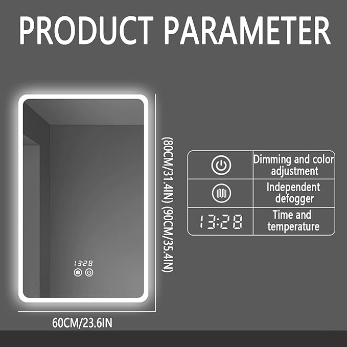 Backlit LED Illuminated Bathroom Mirror with LED Lights, Lighted Bathroom Makeup Wall Mounted Mirror with Demister Pad, Sensor Touch Switch, Horizontal/Vertical(H60*W80CM/H23.6*W31.4IN)