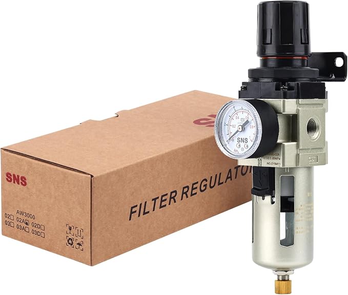 SNS 1/4''NPT Compressed Air Compressor Pressure Filter Regulator Piggyback Combo - Poly Bowl with Metal Guard, Semi-auto Drain, Bracket, with Gauge AW3000-N02A