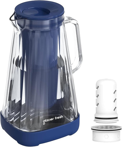 GLACIER FRESH 10 Cup Purela Glass Water Pitcher with 1 Ultrafiltration Membrane and Activated Carbon Filter, Reduces 99% Chlorine, PFOA&PFOS, Coliforms, Blue
