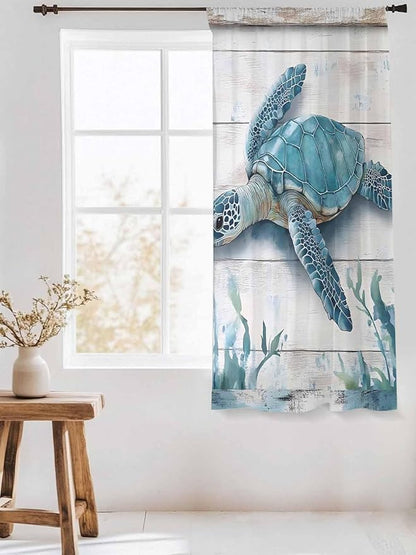 Sheer Curtains 63 Inch Length, Teal Green Sea Turtle Semi Sheer Curtains Light Filtering Window Treatment, Summer Ocean Seaweed Wood Grain Privacy Voile Drapes for Living Room Bedroom 52x63 Inch
