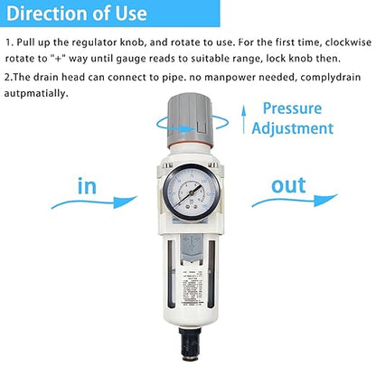 XingNEeng 1/2" NPT Compressed Air Filter Regulator Combo Piggyback, Water/Oil Trap Separator with Pressure Gauge(0-150 psi), Auto Drain, Poly Bowl, 5 Micron Brass Element, Metal Bracket