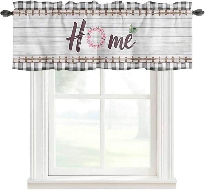 Spring Flowers Curtain Valances for Windows, Kitchen Valance Window Treatment, Farmhouse Watercolor Black Plaid Wood Grain Light Filtering Block Curtains for Bathroom/Bedroom/Living Room 60'' x 18''