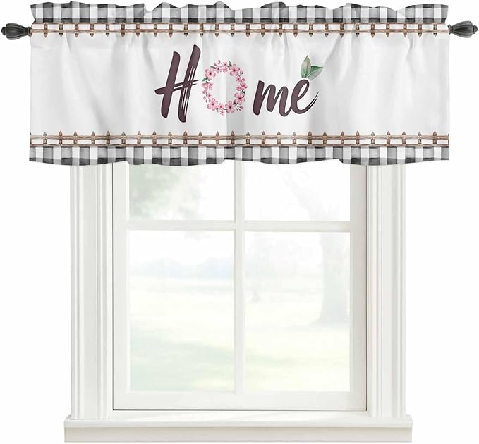 Spring Flowers Curtain Valances for Windows, Kitchen Valance Window Treatment, Watercolor Floral Leaf Black Plaid Light Filtering Block Curtains for Bathroom/Bedroom/Living Room 42'' x 18''