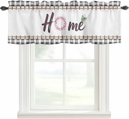 Spring Flowers Curtain Valances for Windows, Kitchen Valance Window Treatment, Watercolor Floral Leaf Black Plaid Light Filtering Block Curtains for Bathroom/Bedroom/Living Room 42'' x 18''