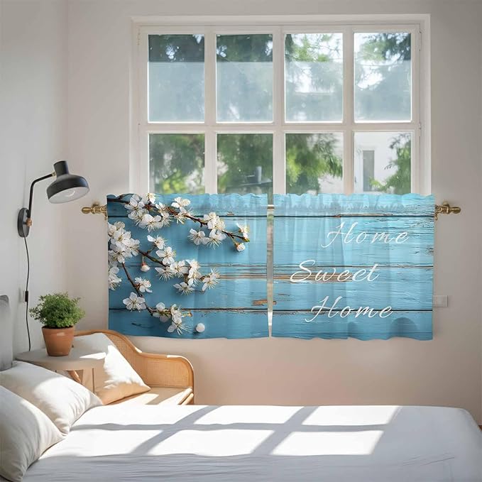Farmhouse Wooden Grain Tier Curtains, Vintage Shabby Chic Flower Blue Light Filtering Kitchen Curtains, 2Pcs Rod Pocket Half Window Treatments Panels for Sink Cafe Cabinet Camper 27.5x36 Inches