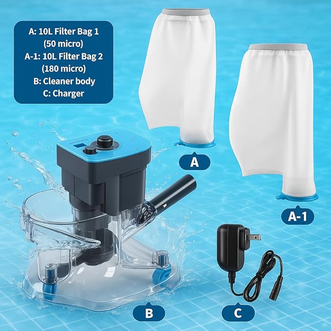 Cordless Pool Leaf Vacuum Cleaner with Dual Filter Bags for Above Ground & Inground Pools – Heavy Duty Swimming Pool Vacuum, 24GPM Strong Suction for Easy Leaf & Debris Removal