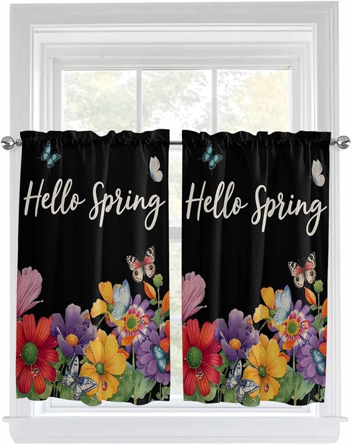 Spring Flowers Tier Curtains 45 Inches Long, Watercolor Country Colorful Floral Black Window Treatment Curtain Drapes, Small Curtain Drapes for Bathroom Laundry Room, 27.5"x45", 2 Panels