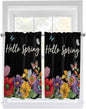 Spring Flowers Kitchen Curtains 54 Inches length, Watercolor Country Colorful Floral Black Window Treatment Curtain Drapes, Thermal Insulated Drapes for Basement Hotel RV, 42"x54", 2 Panels