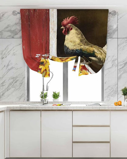 Tie Up Curtains for Windows, Chicken Sunflowers Adjustable Balloon Nature Linen Textured Kitchen Curtain, Farmhouse Animals Red Barn Bees Thermal Insulated Curtains for Window, 42" x 54"