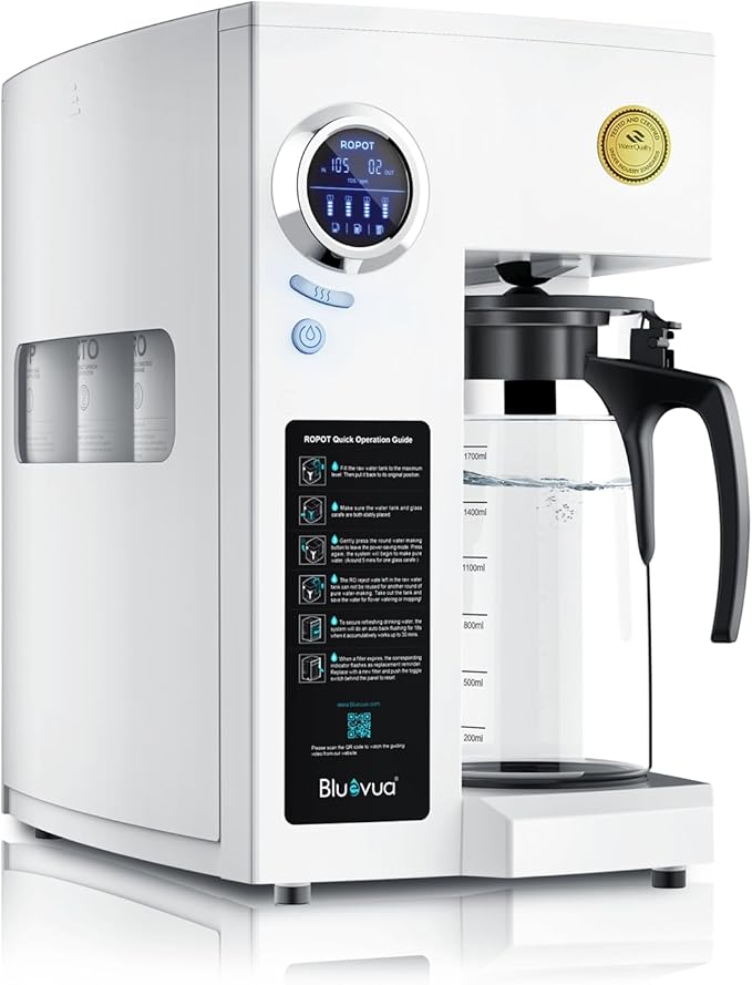 Bluevua RO100ROPOT Reverse Osmosis System Countertop Water Filter, 5 Stage Purification, Counter RO Filtration, 2:1 Pure to Drain, Purified Tap Water, Portable Water Purifier for Home