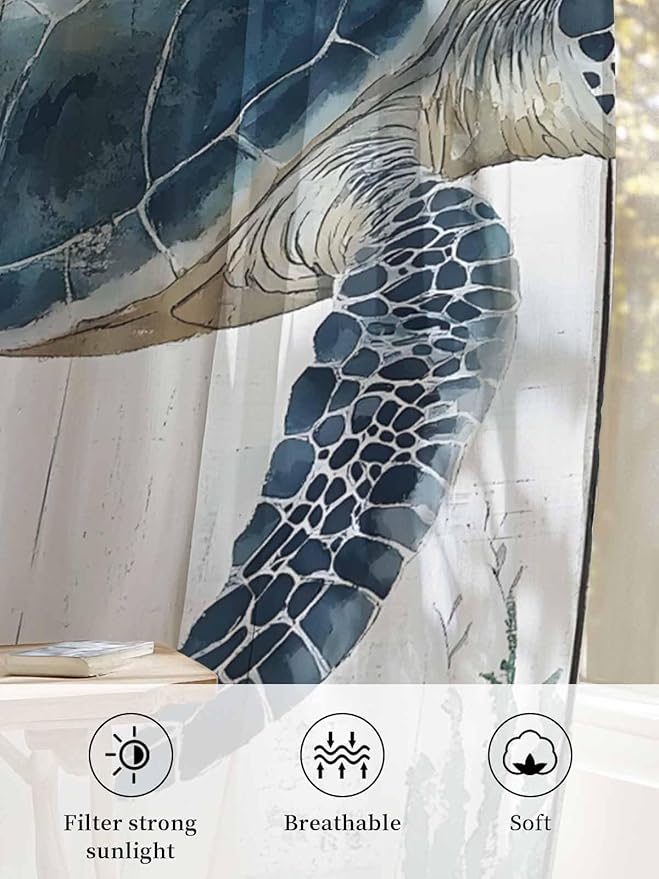Sheer Curtains 45 Inch Length, Sea Turtle Teal Blue Semi Sheer Curtains Light Filtering Window Treatment, Summer Coastal Ocean Wood Grain Privacy Voile Drapes for Living Room Bedroom 52x45 Inch