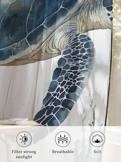 Sheer Curtains 45 Inch Length, Sea Turtle Teal Blue Semi Sheer Curtains Light Filtering Window Treatment, Summer Coastal Ocean Wood Grain Privacy Voile Drapes for Living Room Bedroom 52x45 Inch