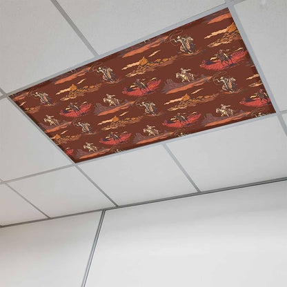 Cowboys Horses 1 Pc Fluorescent Light Cover 4 x 2 Feet, Desert Ethnic Winds Dark Brown Background Covers for Ceiling Lights Magnetic Light Cloth Filter for Classroom Office Home