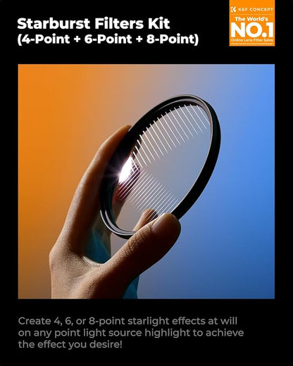 K&F CONCEPT 72mm Star Filters Kit (3pcs) 4 Points 6 Points 8 Points Cross Screen Starburst Filters Set -18 Layer Coating Ultra Slim Optical Glass Camera Lens Filter with 3 Cleaning Cloth
