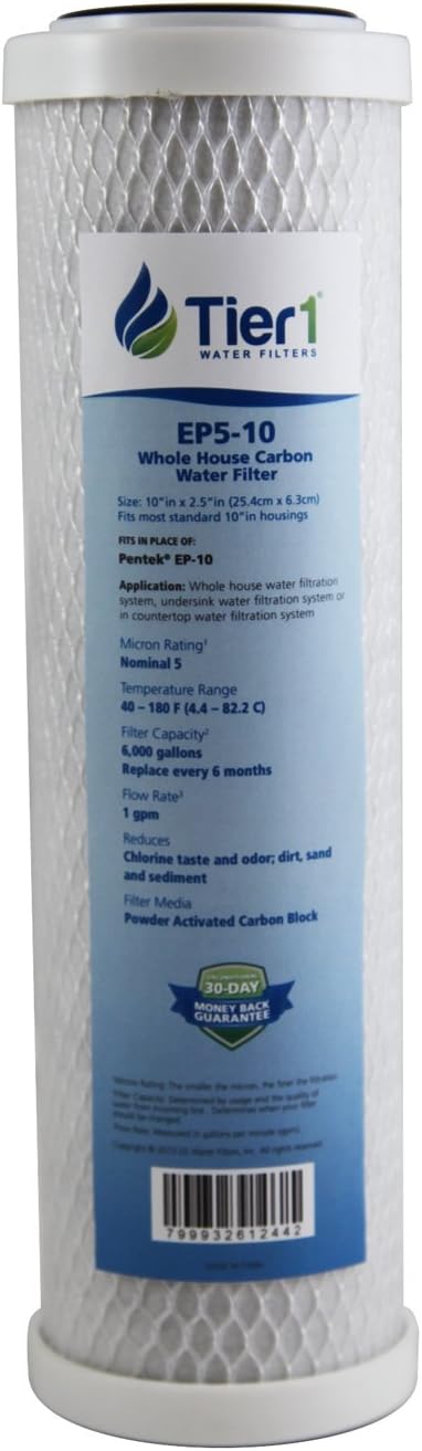 Tier1 5 Micron 10 Inch x 2.5 Inch | Whole House Carbon Block Water Filter Replacement Cartridge | Compatible with Pentek EP-10, 42-34373, 155531-43, CB-25-1005, MAXETW-975, Home Water Filter.