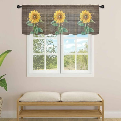 Summer Sunflower Sheer Valance Curtains, Yellow Floral Plants Bees Brown Wood Grain Light Filtering Kitchen Valances Rod Pocket Voile Curtain Window Treatment for Bedroom/Living Room/Basement 42Wx18L