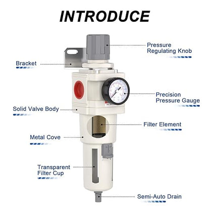 1"NPT Air Filter Regulator Combo Piggyback,5 Micron Brass Element, Semi-Auto Drain,Air Pressure Regulator AW5000-10,0-150 psi Gauge
