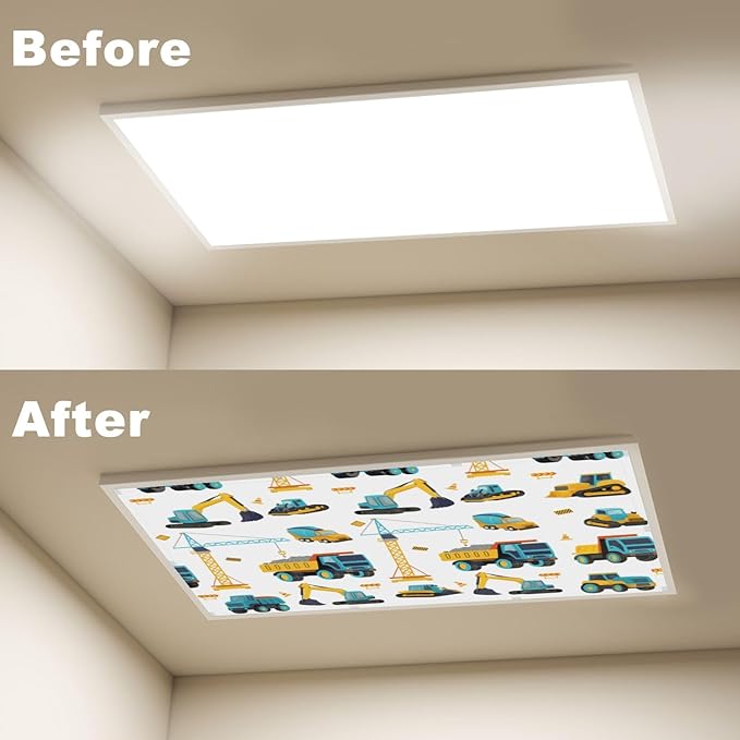 4 Pcs Fluorescent Light Covers for Ceiling Lights Seamless Construction Vehicles Cranes Excavators Trucks Bulldozers Decorative Magnets Light Filters for Office Home Classroom Must Haves 4’ x 2’