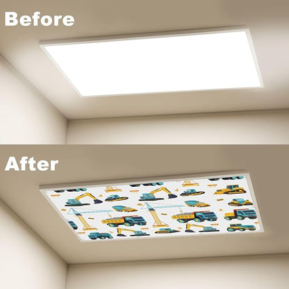 4 Pcs Fluorescent Light Covers for Ceiling Lights Seamless Construction Vehicles Cranes Excavators Trucks Bulldozers Decorative Magnets Light Filters for Office Home Classroom Must Haves 4’ x 2’