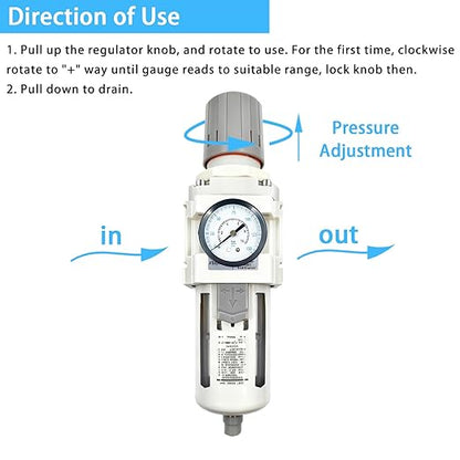 XingNEeng 3/4" NPT Compressed Air Filter Regulator Combo Piggyback, Water/Oil Trap Separator with Pressure Gauge(0-150 psi), Semi-Auto Drain, Poly Bowl, 5 Micron Brass Element, Metal Bracket