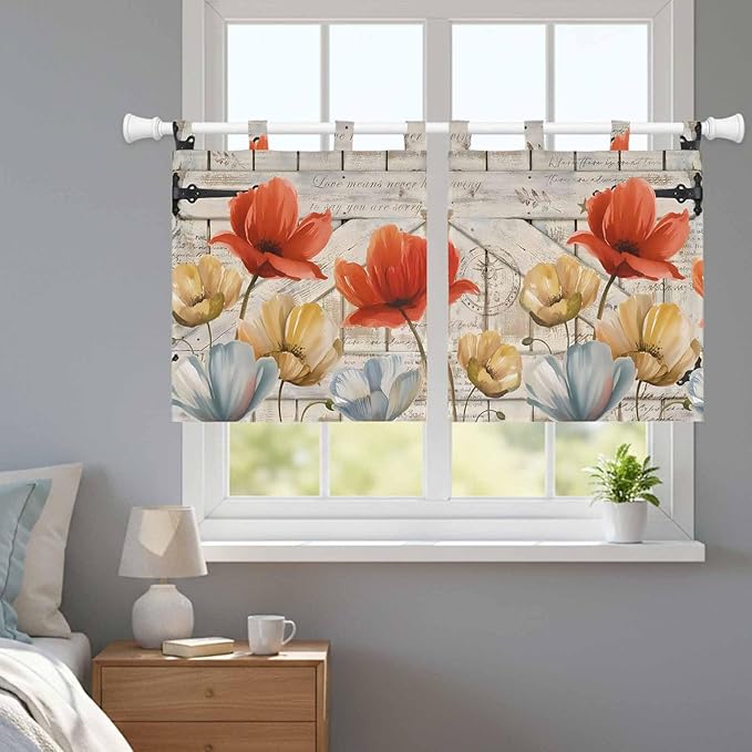 Retro Floral Kitchen Curtains 24 Inch Length, Small Window Curtains Tab Top, Red Yellow Tulips Barm Doors Farmhouse Wooden Light Filtering Short Window Treatments Tier Drapes 27.5"x24" 2 Panel