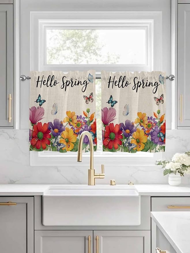 Spring Flowers Half Window Curtains 24 Inches Long, Farmhouse Vintage Country Colorful Floral Window Treatment Curtain Drapes, Short Curtains Tiers for Kitchen Over Sink, 27.5"x24", 2 Panels