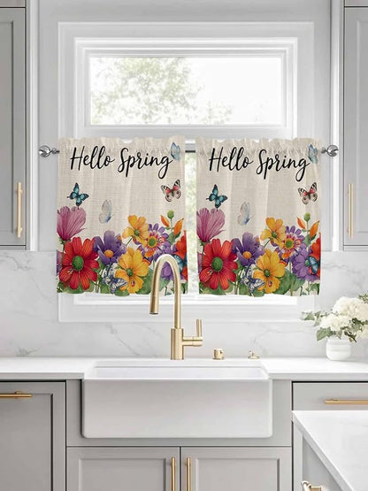 Spring Flowers Half Window Curtains 24 Inches Long, Farmhouse Vintage Country Colorful Floral Window Treatment Curtain Drapes, Short Curtains Tiers for Kitchen Over Sink, 27.5"x24", 2 Panels