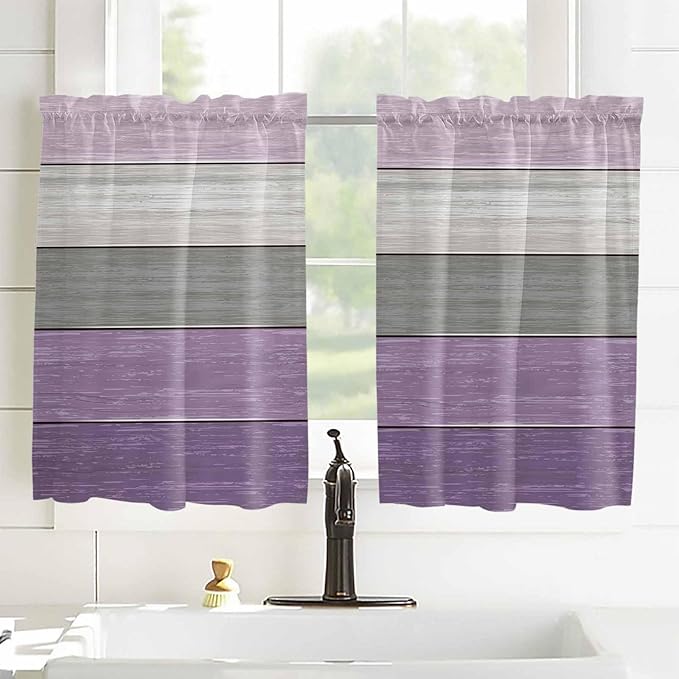 Country Wood Board Gray Purple Window Valance Curtains, Farmhouse Gradient Plank Light Filtering Kitchen Valance with 3-inch Rod Pocket for Living Room Bathroom Bedroom,2 Panel,52x54In