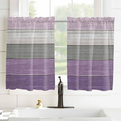 Country Wood Board Gray Purple Window Valance Curtains, Farmhouse Gradient Plank Light Filtering Kitchen Valance with 3-inch Rod Pocket for Living Room Bathroom Bedroom,2 Panel,52x54In