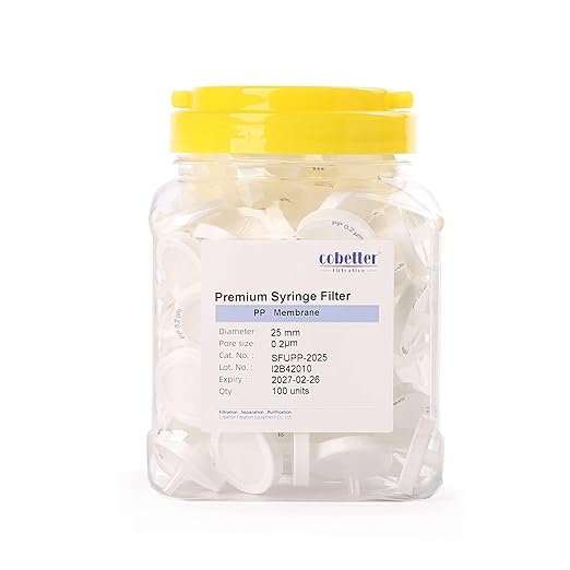 100 Pack PP Syringe Filter Lab Filters 0.2μm Pore Size 25mm Diameter Hydrophobic Filtration Non-sterile White