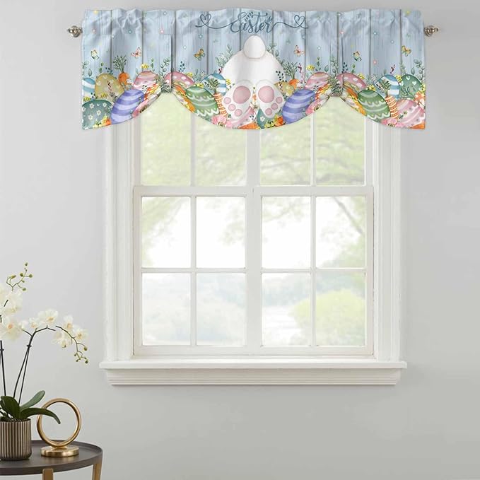 Spring Easter Tie Up Valance Curtains for Windows, Kitchen Curtains Window Shades, Rabbit Ears Foot Colorful Eggs Wooden Plank Light Filtering Roman Curtain Valances for Bedroom/Bathroom/Cafe 54"x18"