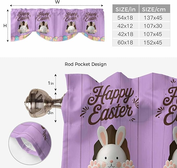 Purple Easter Tie Up Valance Curtains for Windows, Kitchen Curtains Window Shades, Spring Cartoon Bunny Colorful Eggs Wood Grain Light Filtering Curtain Valances for Bedroom/Bathroom/Cafe 60"x18"