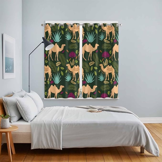 2 Panel Kitchen Cafe Curtains, Retro Desert Camel Sunlight Filtering Nature Air Through, Window Decor Tier Curtains for Living Room 104W x 84L inch Tropical Animal Aloe Vera Leaves Dark Green