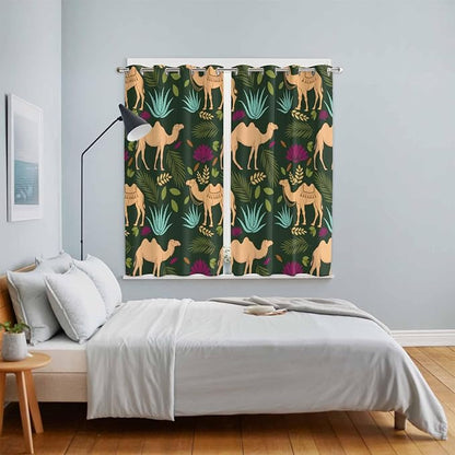 2 Panel Kitchen Cafe Curtains, Retro Desert Camel Sunlight Filtering Nature Air Through, Window Decor Tier Curtains for Living Room 104W x 84L inch Tropical Animal Aloe Vera Leaves Dark Green